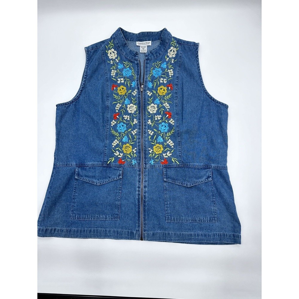 Country Stone  Womens Plus‎ Denim Vest XL  Embroidered Flowers Relaxed Zipper